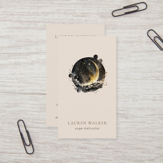 Dark Golden Moon Phases Yoga Studio Business Card (Front/Back In Situ)