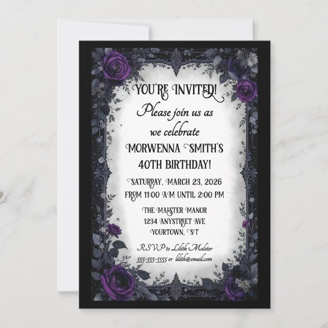 Dark Goth with Purple Roses Birthday Party Invitation (Front)