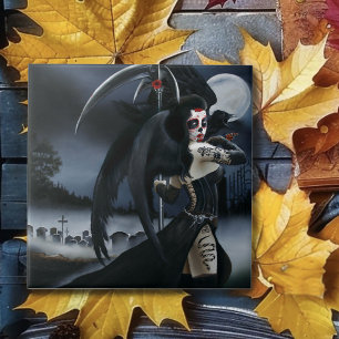 Dark Gothic Angel Death Sugar Skull Fantasy Ceramic Tile