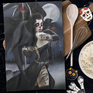 Dark Gothic Angel Death Sugar Skull Fantasy Tea Towel