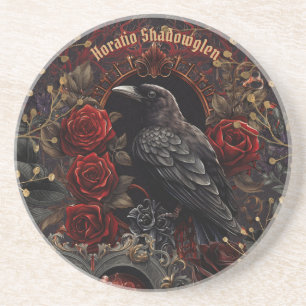 Dark Gothic Beauty Red Roses Black Crow Raven Bird Coaster