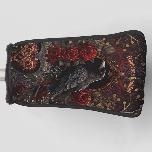 Dark Gothic Beauty Red Roses Black Crow Raven Bird Golf Head Cover (Front)