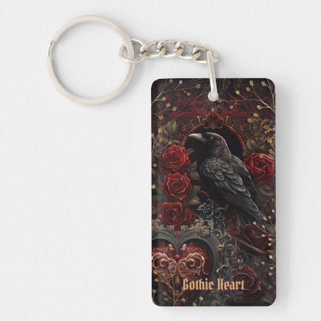 Dark Gothic Beauty Red Roses Black Crow Raven Bird Key Ring (Front)