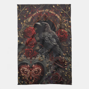 Dark Gothic Beauty Red Roses Black Crow Raven Bird Tea Towel