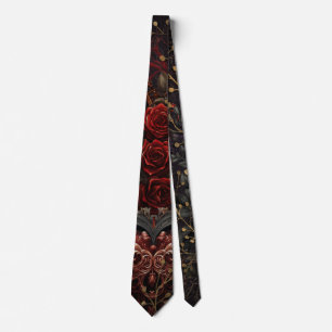 Dark Gothic Beauty Red Roses Black Crow Raven Bird Tie