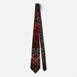 Dark Gothic Beauty Red Roses Black Crow Raven Bird Tie