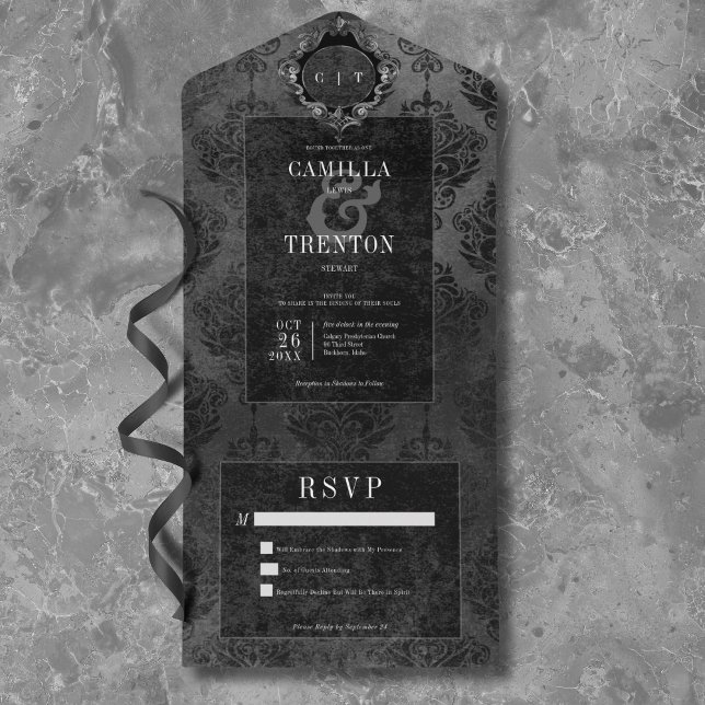 Dark Gothic Black & Black Damask No Dinner All In One Invitation (Dark Gothic Black & Black Damask No Dinner All In One Invitation)