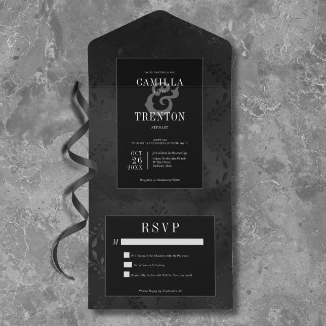 Dark Gothic Black & Black Floral Satin No Dinner All In One Invitation (Creator Uploaded)