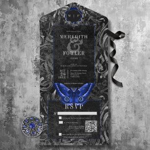 Dark Gothic Black & Blue Filigree Moth QR Code All In One Invitation