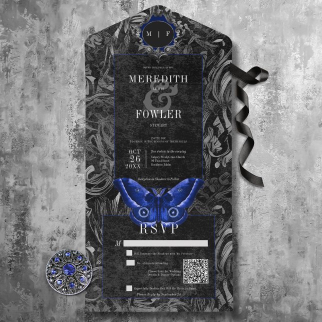 Dark Gothic Black & Blue Filigree Moth QR Code All In One Invitation (Dark Gothic Black & Blue Filigree Moth All In One Wedding Invitation with QR Code)