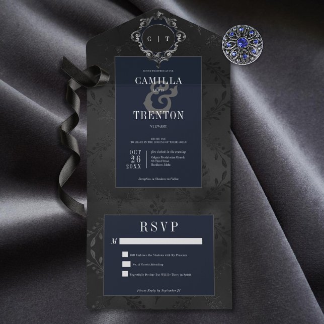 Dark Gothic Black & Blue Floral Satin No Dinner All In One Invitation (Also available with a QR code or with dinner selection options.)
