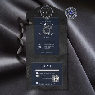 Dark Gothic Black & Blue Floral Satin QR Code All In One Invitation