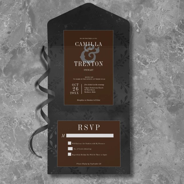 Dark Gothic Black & Brown Floral Satin Dinner All In One Invitation (Creator Uploaded)