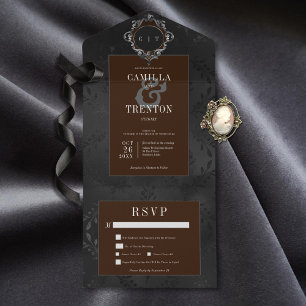 Dark Gothic Black & Brown Floral Satin Dinner All In One Invitation