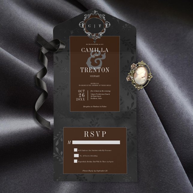 Dark Gothic Black & Brown Floral Satin No Dinner All In One Invitation (Also available with a QR code or with dinner selection options.)