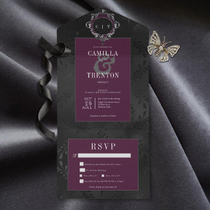 Dark Gothic Black & Burgundy Floral Satin Dinner All In One Invitation