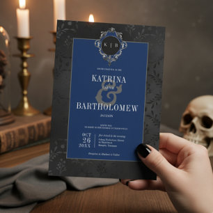 Dark Gothic Black Floral Satin Damask Blue Wedding Invitation
