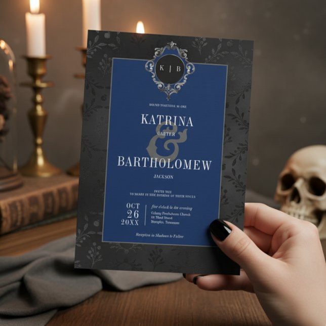 Dark Gothic Black Floral Satin Damask Blue Wedding Invitation (Creator Uploaded)