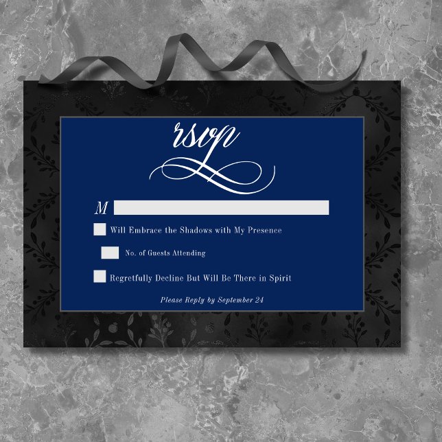 Dark Gothic Black Floral Satin Damask Blue Wedding RSVP Card (Dark Gothic Black Floral Satin Damask Blue Wedding RSVP Card)