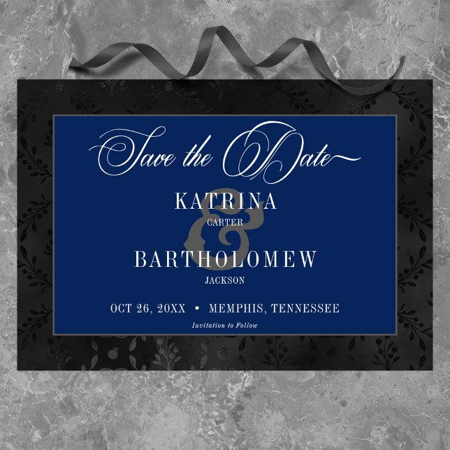Dark Gothic Black Floral Satin Damask Blue Wedding Save The Date (Creator Uploaded)