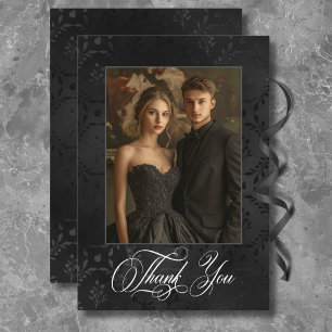 Dark Gothic Black Floral Satin Damask Blue Wedding Thank You Card