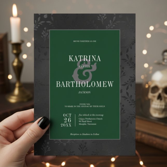 Dark Gothic Black Floral Satin Damask Green Invitation (Creator Uploaded)