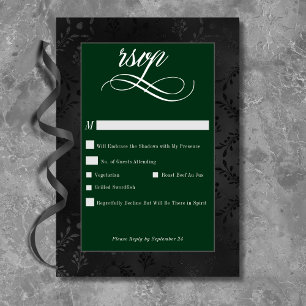 Dark Gothic Black Floral Satin Damask Green RSVP Card