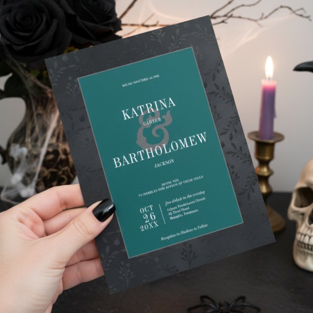 Dark Gothic Black Floral Satin Damask Teal Wedding Invitation (Creator Uploaded)