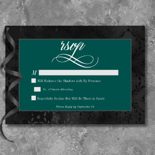 Dark Gothic Black Floral Satin Damask Teal Wedding RSVP Card