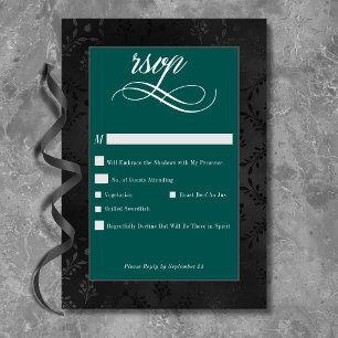 Dark Gothic Black Floral Satin Damask Teal Wedding RSVP Card