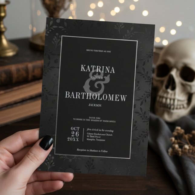 Dark Gothic Black Floral Satin Damask Wedding Invitation (Creator Uploaded)