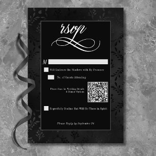Dark Gothic Black Floral Satin Damask Wedding QR RSVP Card