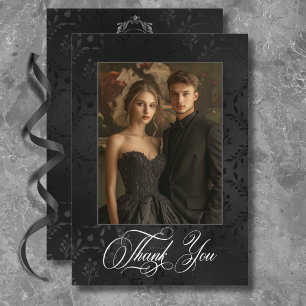 Dark Gothic Black Floral Satin Damask Wedding Thank You Card
