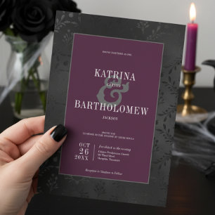 Dark Gothic Black Floral Satin Damask Wine Wedding Invitation