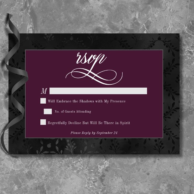 Dark Gothic Black Floral Satin Damask Wine Wedding RSVP Card (Creator Uploaded)