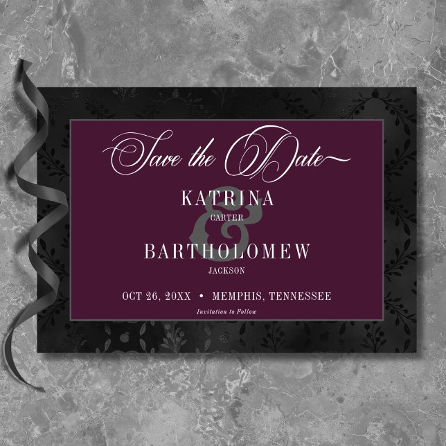 Dark Gothic Black Floral Satin Damask Wine Wedding Save The Date (Dark Gothic Black Floral Satin Damask Wine Wedding Save The Date)