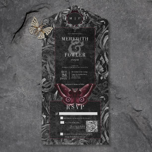 Dark Gothic Black & Grey Filigree Moth QR Code All In One Invitation