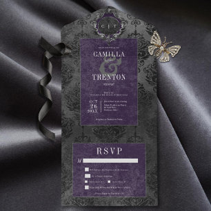 Dark Gothic Black & Purple Damask Dinner All In One Invitation
