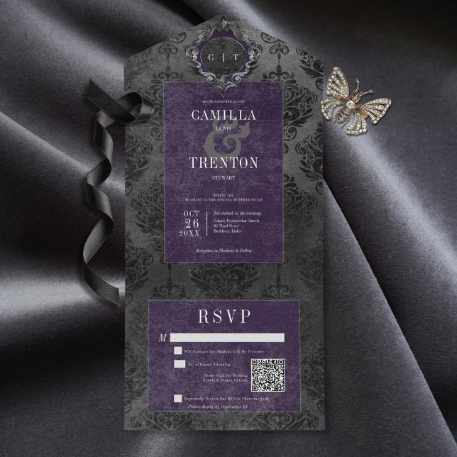 Dark Gothic Black & Purple Damask QR Code All In One Invitation (Also available without a QR code; with or without dinner selection options.)