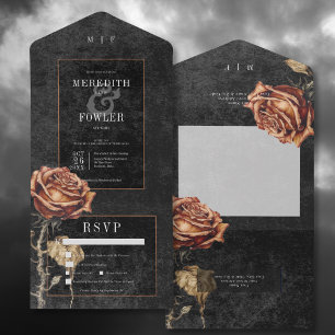 Dark Gothic Black & Rust Rose Dinner All In One Invitation