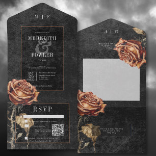 Dark Gothic Black & Rust Rose QR Code All In One Invitation