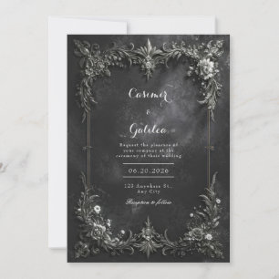 Dark Gothic Black & Silver Metallic Floral Wedding Invitation
