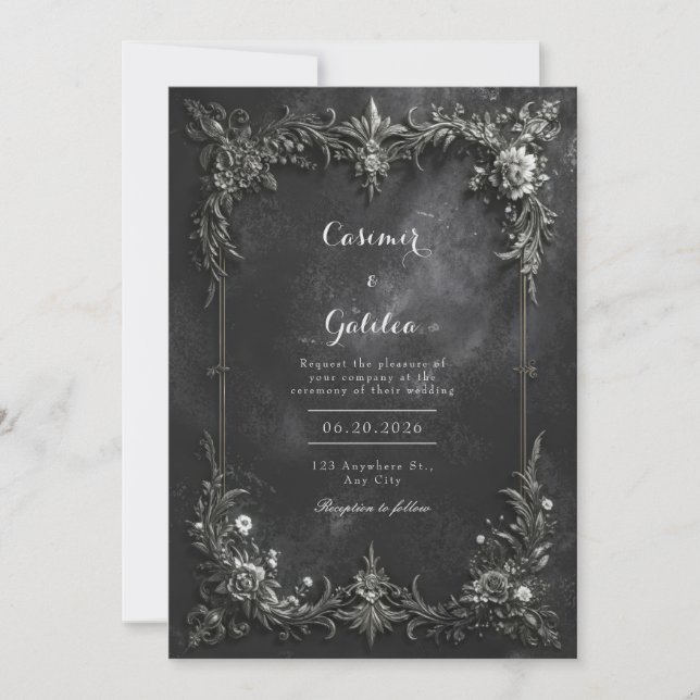 Dark Gothic Black & Silver Metallic Floral Wedding Invitation (Front)