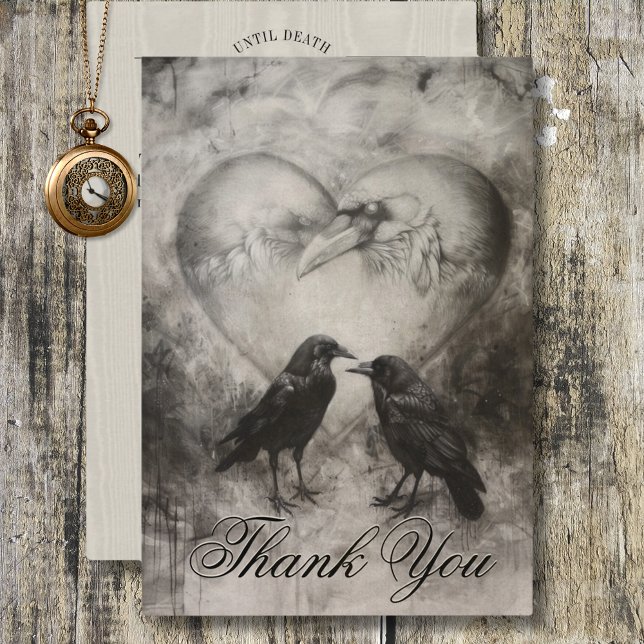Dark Gothic Black & Tan Raven Script Wedding Thank You Card (Dark Gothic Black & Tan Raven Script Wedding Thank You Card)