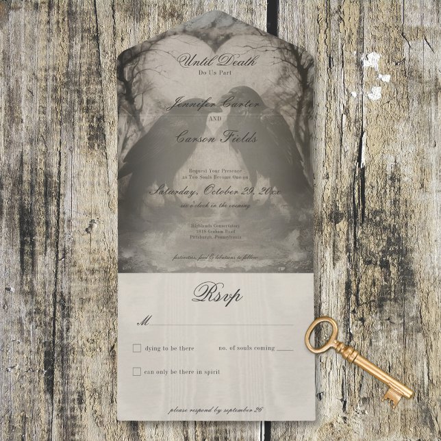 Dark Gothic Black & Tan Raven Wedding No Dinner All In One Invitation (Dark Gothic Black & Tan Raven Wedding No Dinner All In One Invitation)
