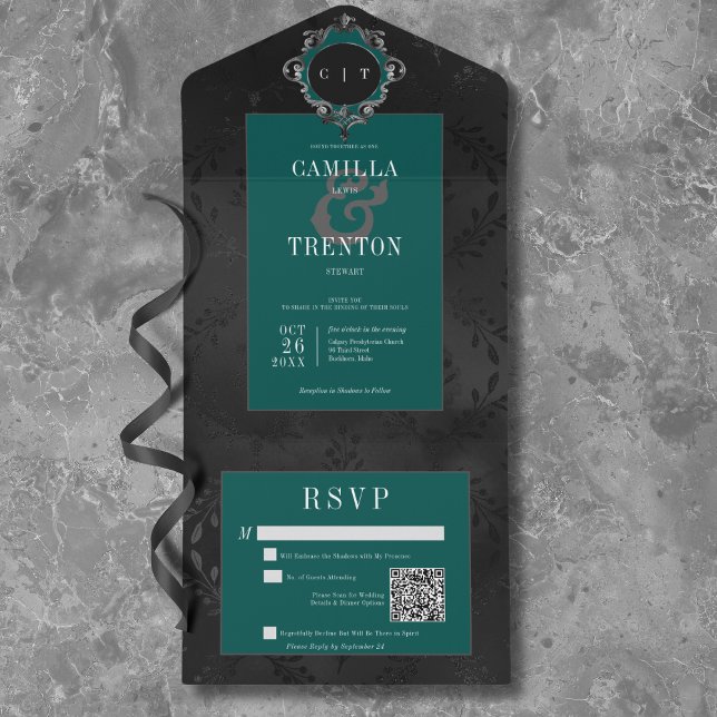 Dark Gothic Black & Teal Floral Satin QR Code All In One Invitation (Dark Gothic Black & Teal Floral Satin QR Code All In One Invitation)