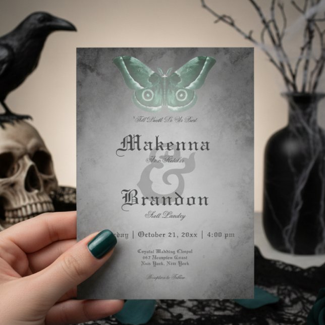 Dark Gothic Black Watercolor Green Moth Wedding Invitation (Creator Uploaded)