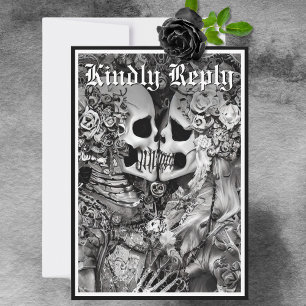 Dark Gothic Black & White Skeleton Couple Wedding RSVP Card