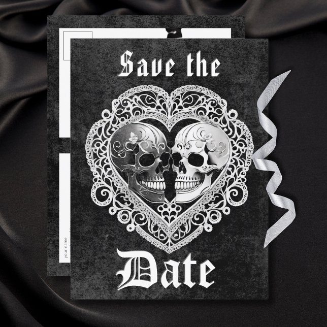 Dark Gothic Black & White Skull Couple Heart Announcement Postcard (Creator Uploaded)