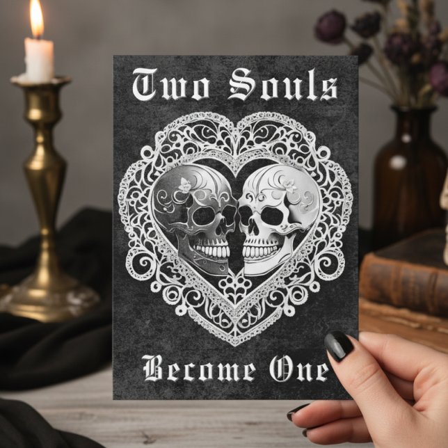 Dark Gothic Black & White Skull Couple Heart Invitation (Creator Uploaded)
